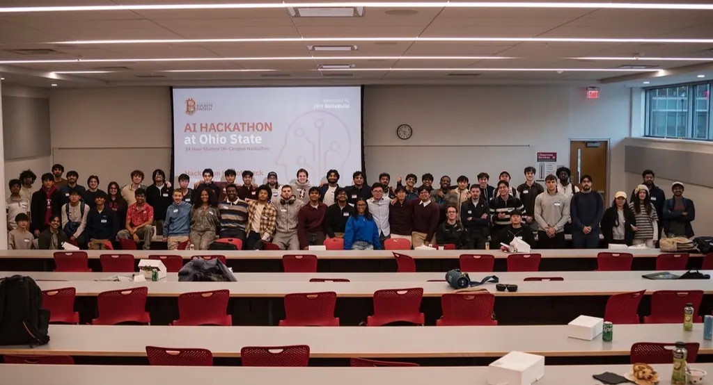 Participants, mentors and organizers gathered in a lecture hall under the AI Hackathon at Ohio State title slide